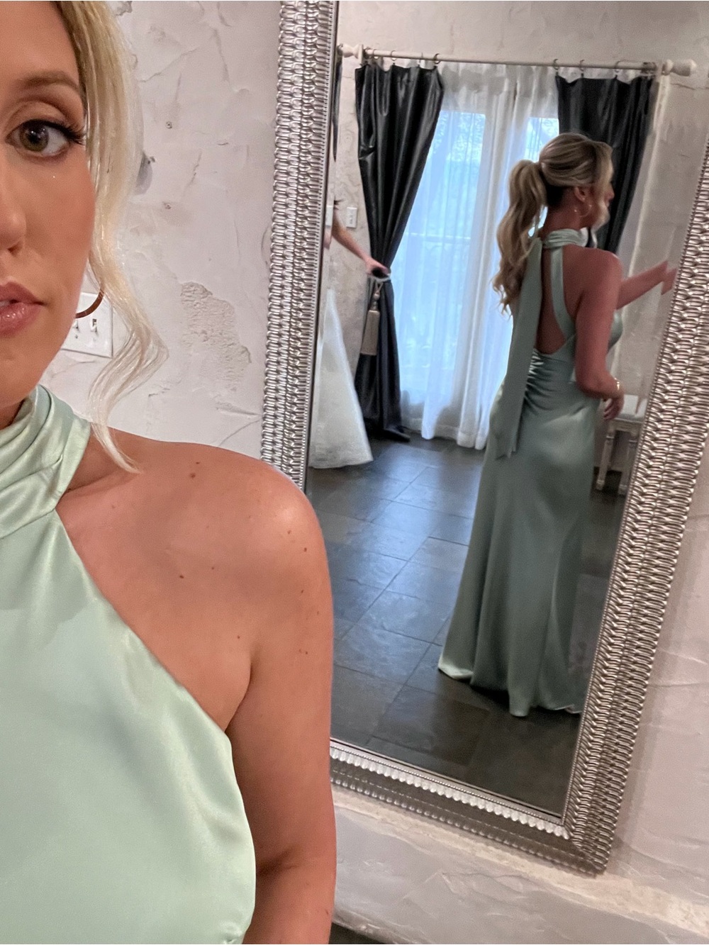 Xscape Evenings: Halter Neck Satin Sheath Gown - Sage